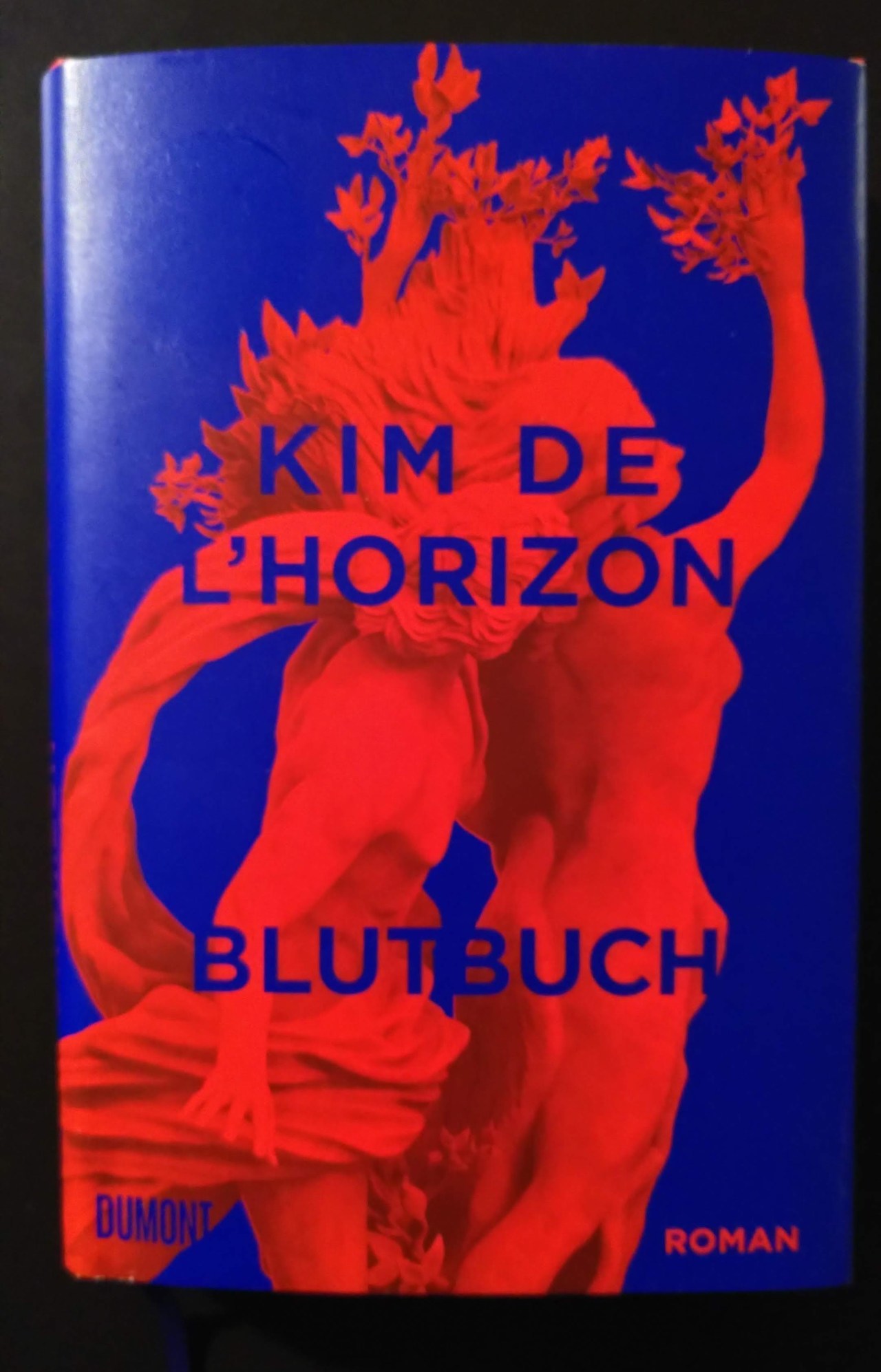 Das Bild zeigt das Cover von Kim de l`Horizons Blutbuch, es ist in den Farben rot und blau gehalten. Vor blauem Hintergrund erscheinen zwei menschliche Figuren, deren Arme in Zweigen aufgehen.